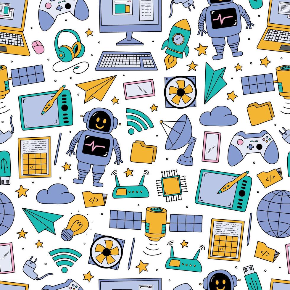 980x980 Technology doodles seamless pattern, wallpaper design with computers, internet connection, artificial intelligence devices. Print, background, wrapping paper. EPS 10