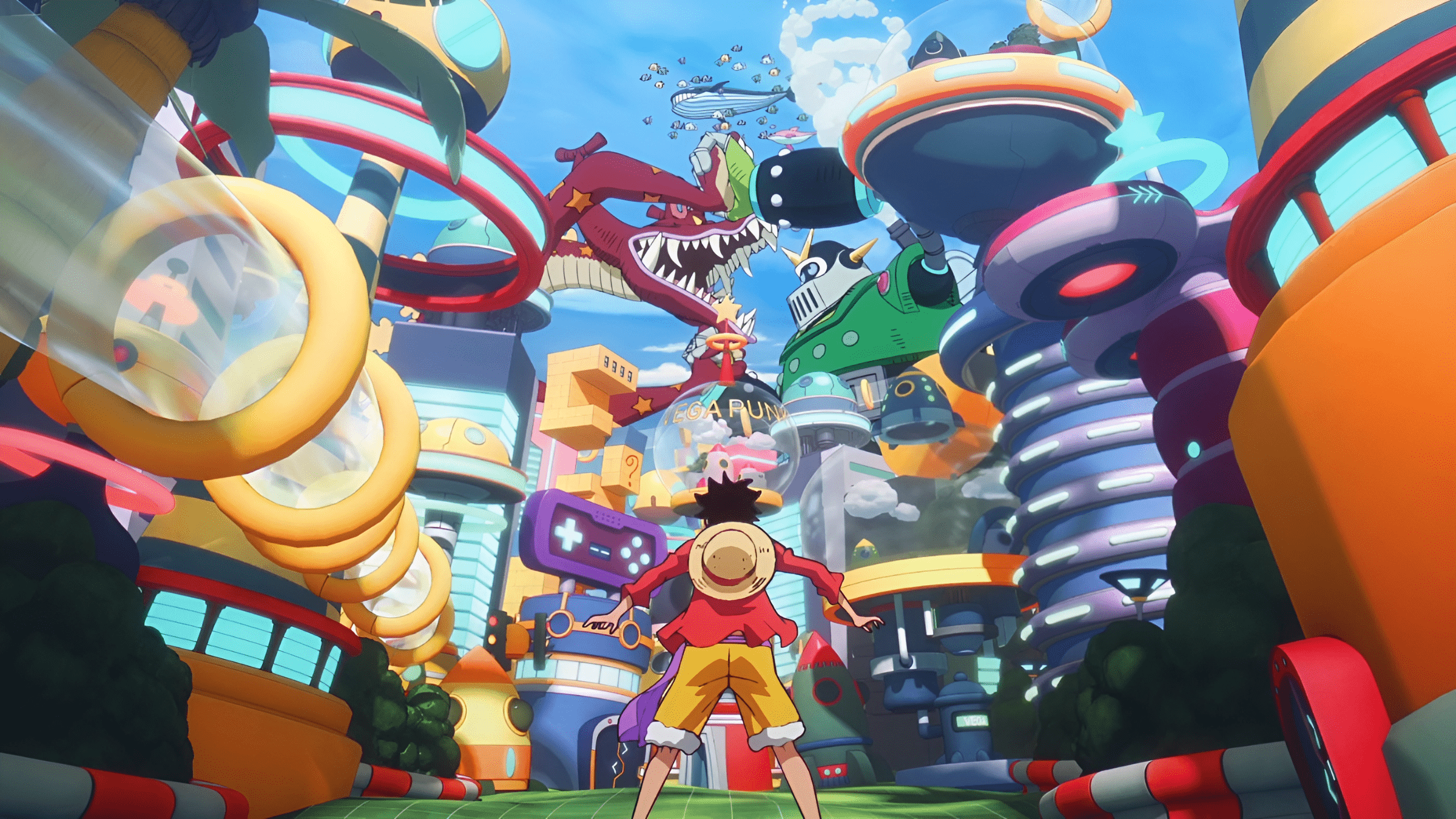 2400x1351 Epic One Piece Adventure: Monkey D. Luffy in Vibrant Anime HD Wallpaperx1351