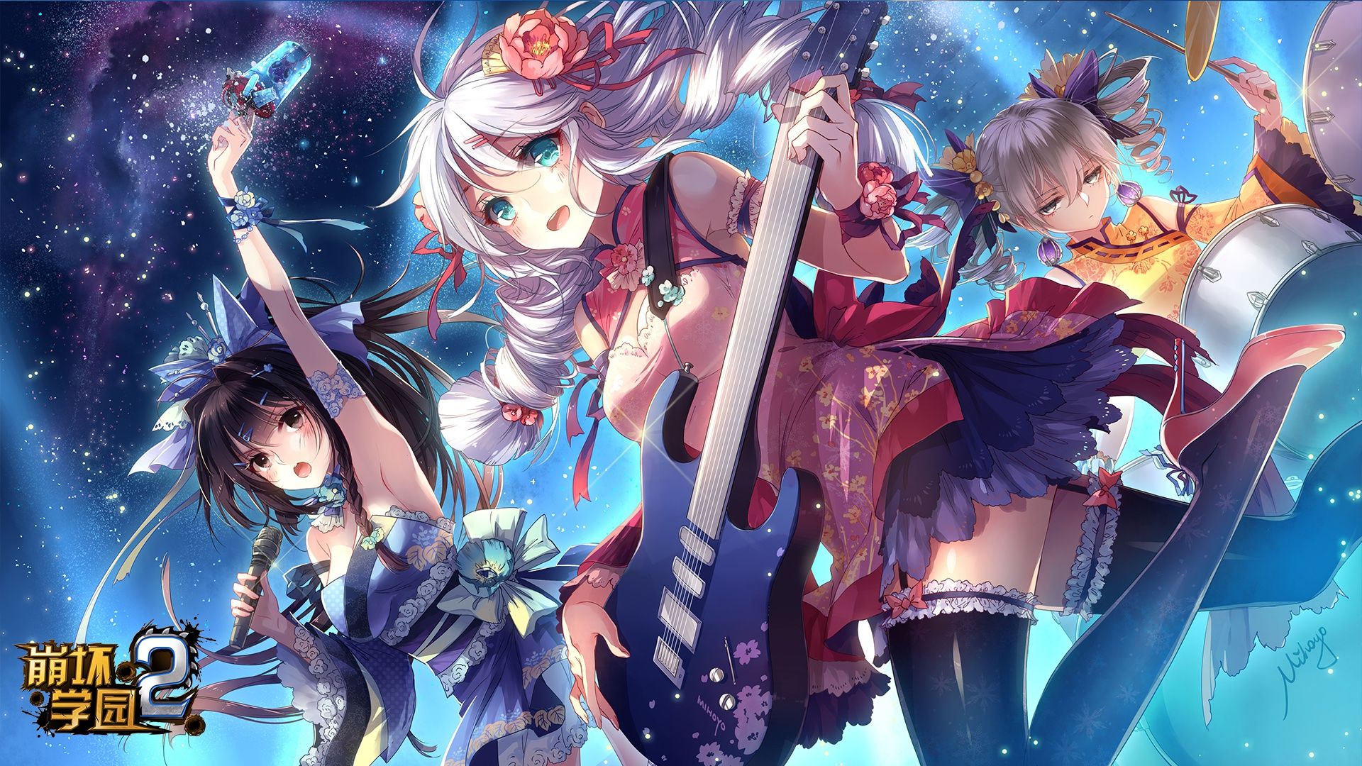 1920x1080 Wallpaper girl, guitar, drum, mikrafon, Kiana Kaslana, Bronya Zaychik, by miHoYo, Mei Raiden for mobile and desktop, section игры, resolution 1920x1080