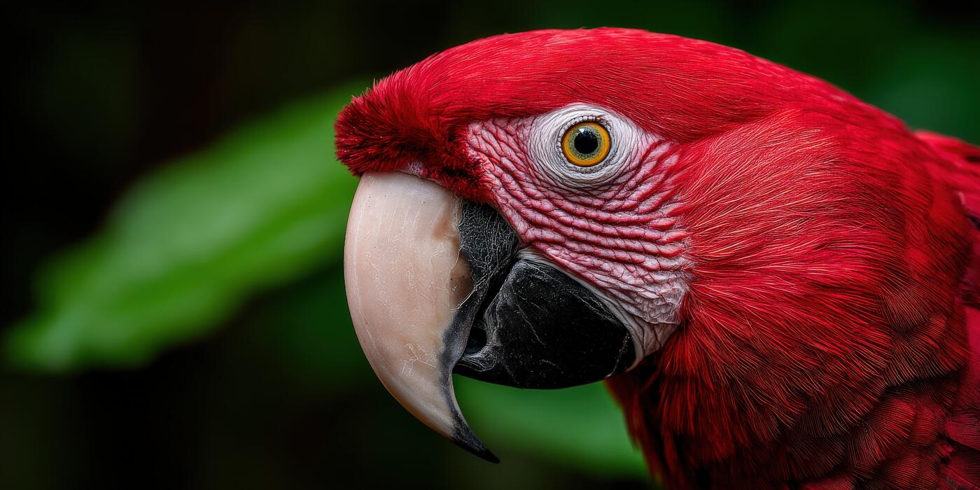 1400x700 Close Up View Of A Vibrant Red Parrot In A Lush Tropical Setting