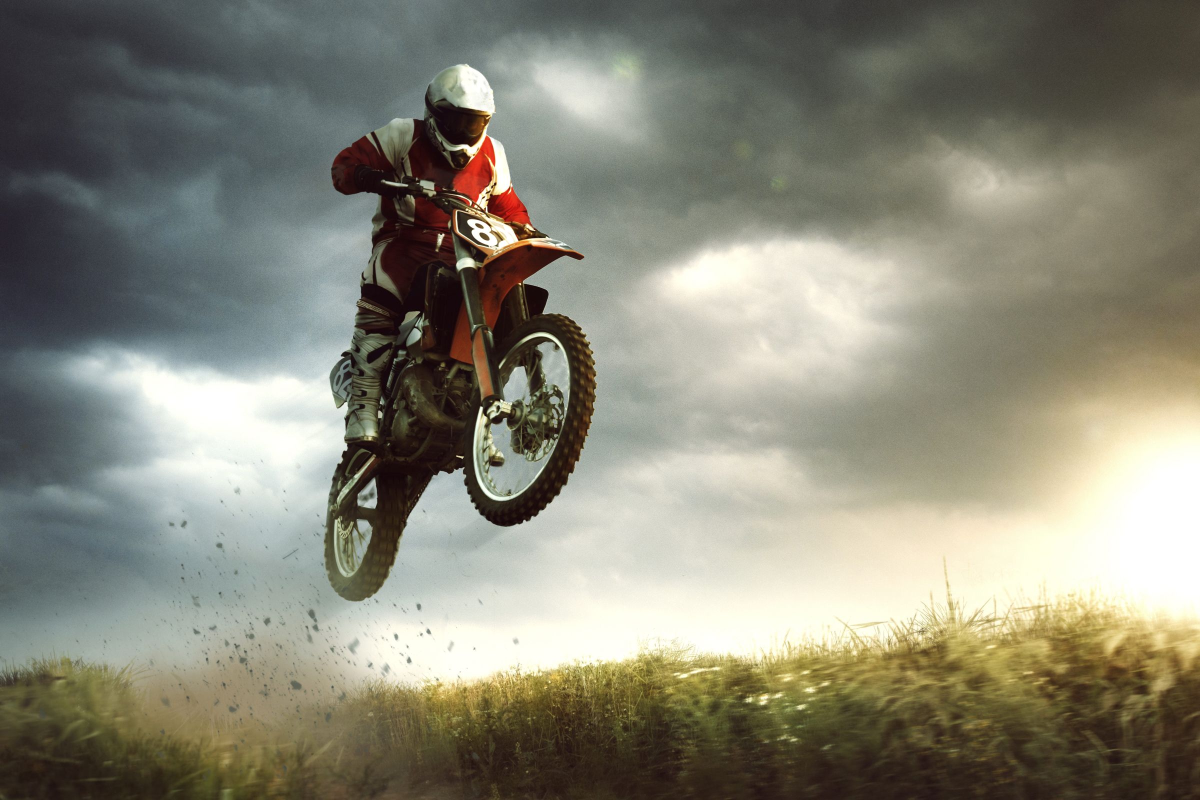 2400x1600 Wallpaper Man in Red and White Motocross Suit Riding Motocross Dirt Bike, Background Free Image