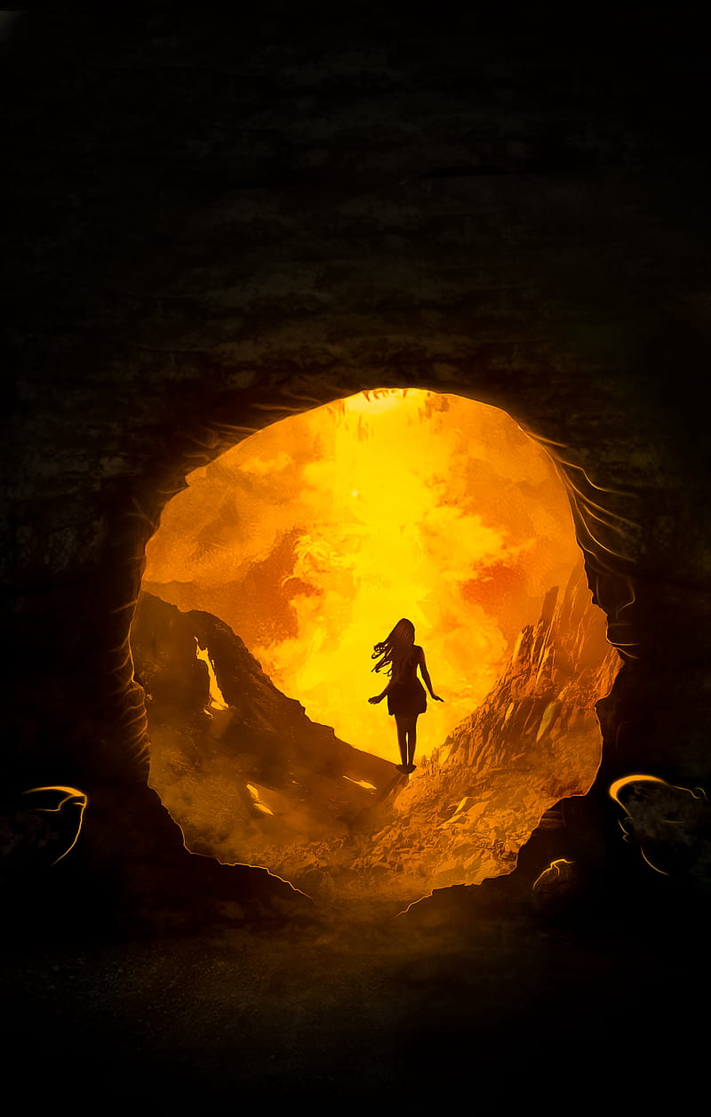 800x1256 Cave, silhouette, fire, flash, dark, entrance, HD phone wallpaper