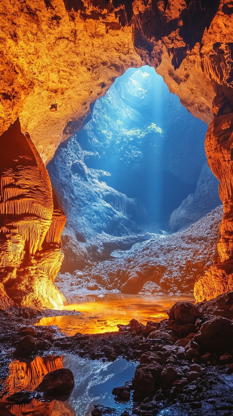 816x1456 Free Mysterious Cave Entrance Image, Light, Water