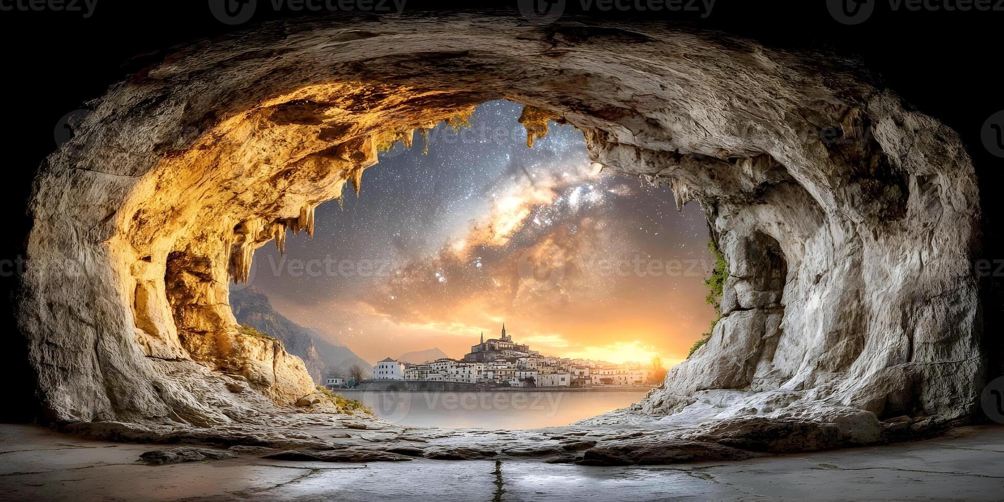 1960x980 A magnificent cave entrance reveals a pictureque town nestled by water under a dramatic starry sky with a celestial glow