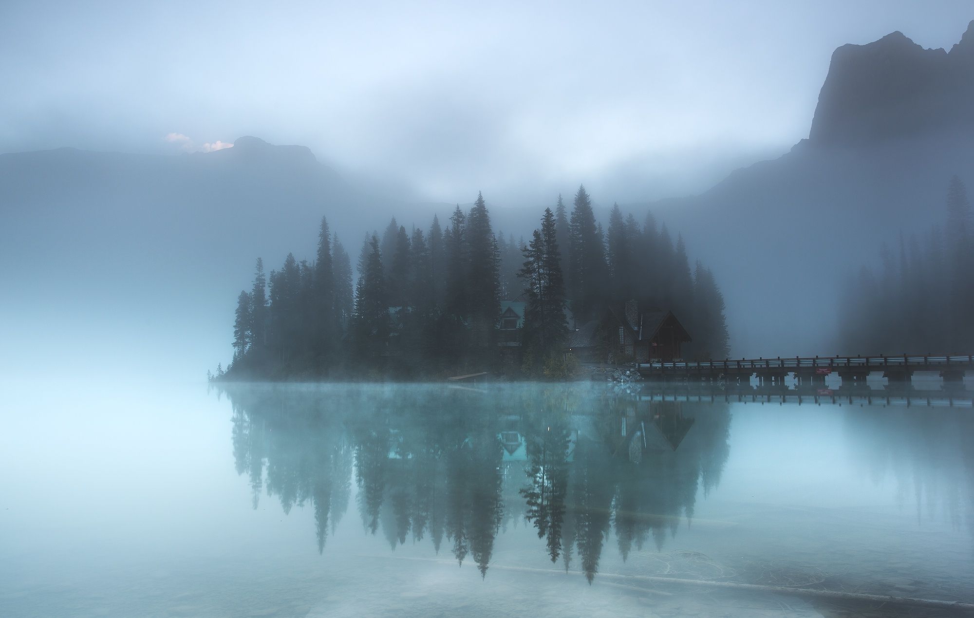 2000x1269 Wallpaper forest, lake, island, fog for mobile and desktop, section природа, resolution 2000x1269
