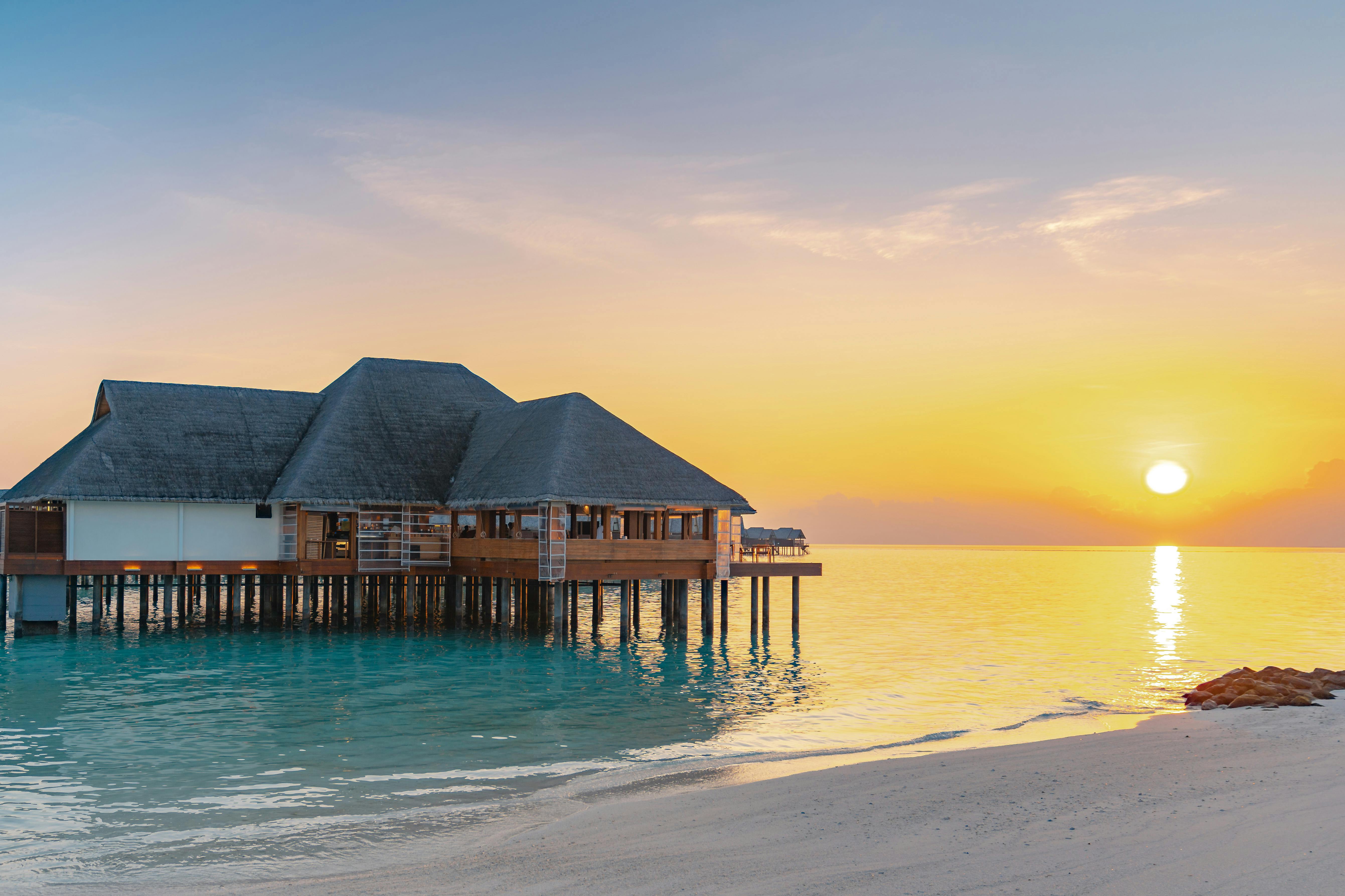 5363x3575 Maldives Island Water Villa Sunset · Free