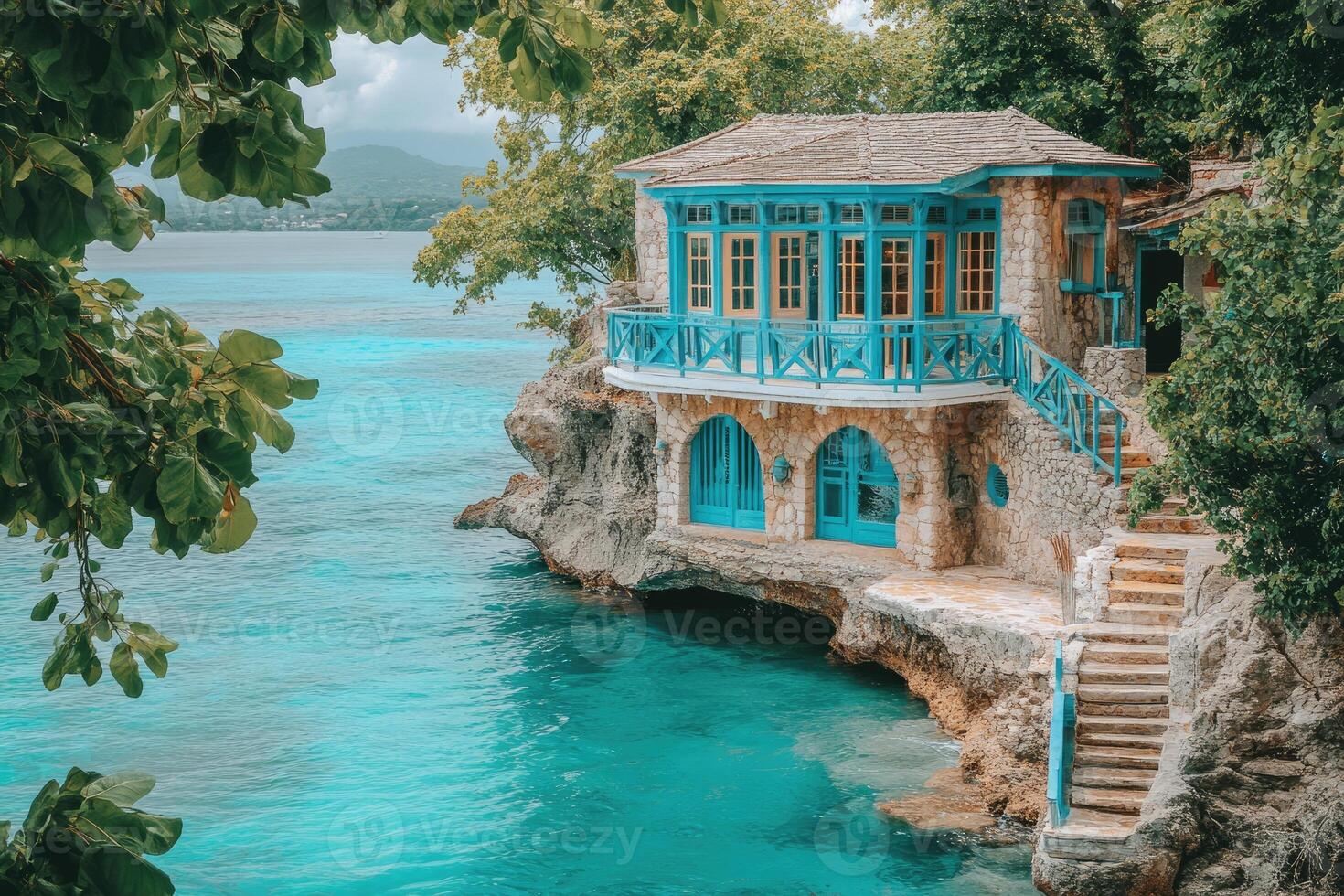 1470x980 Luxurious overwater bungalow perched on a cliff in jamaica, offering breathtaking ocean views