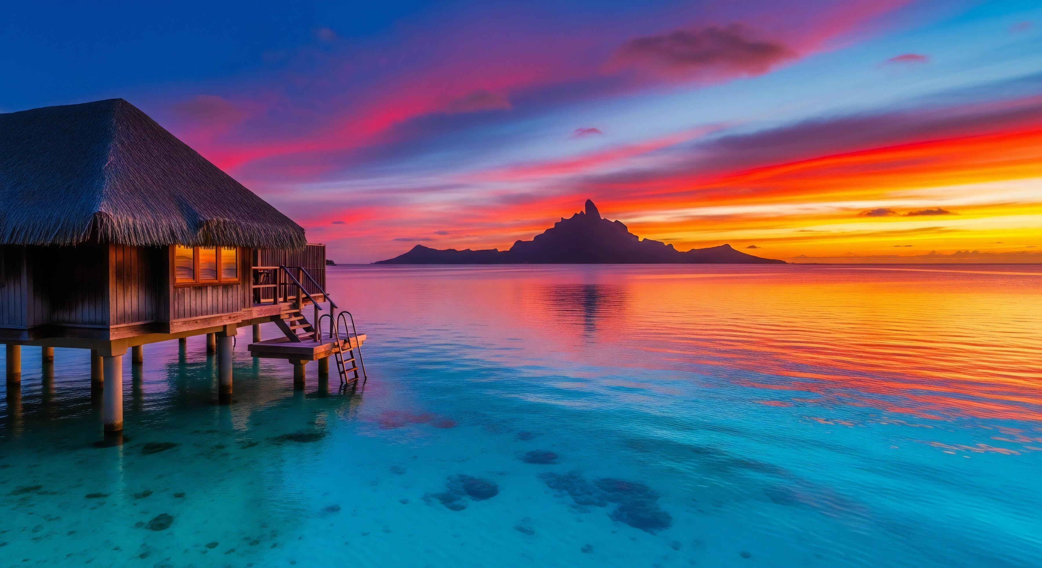 3593x1960 Nature background, Nature wallpaper, Overwater bungalow on clear blue water at sunset with distant mountainous island