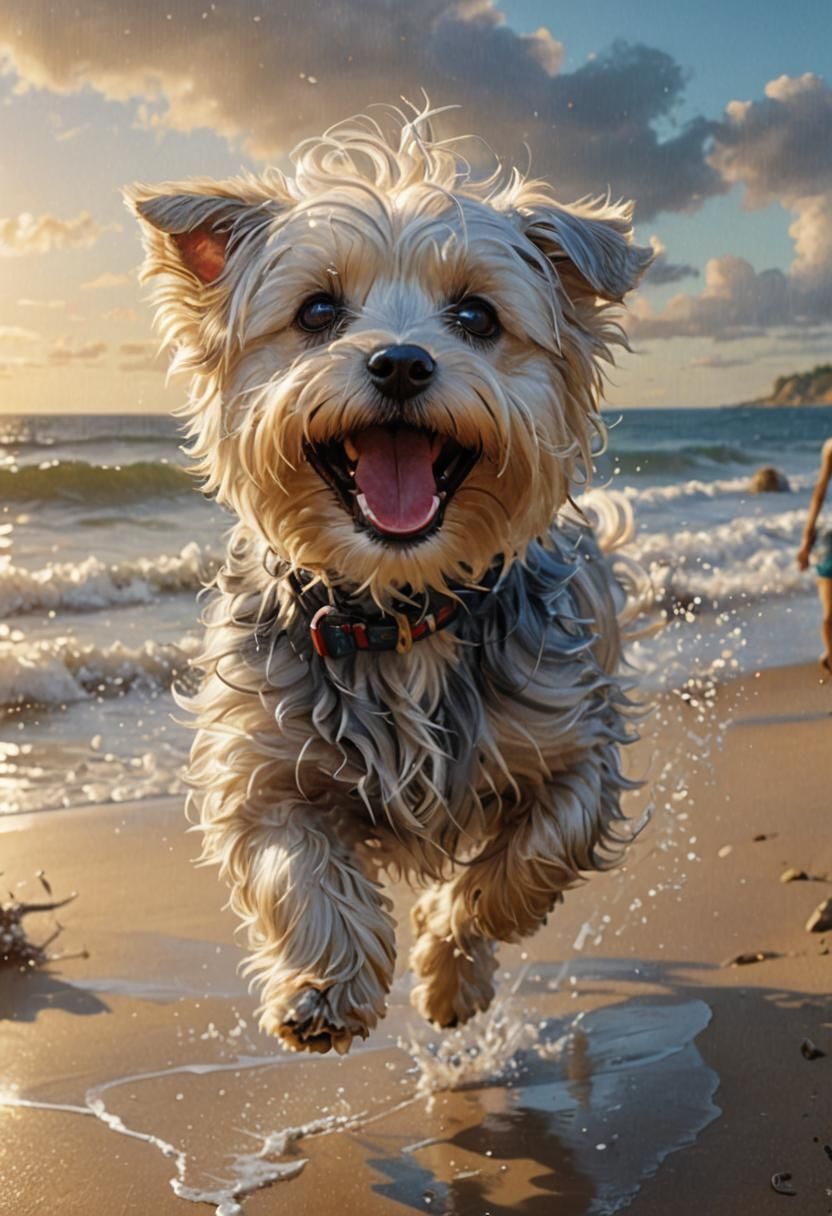 832x1216 Joyful Morkie Running on Beach: Fantasy Concept Ar
