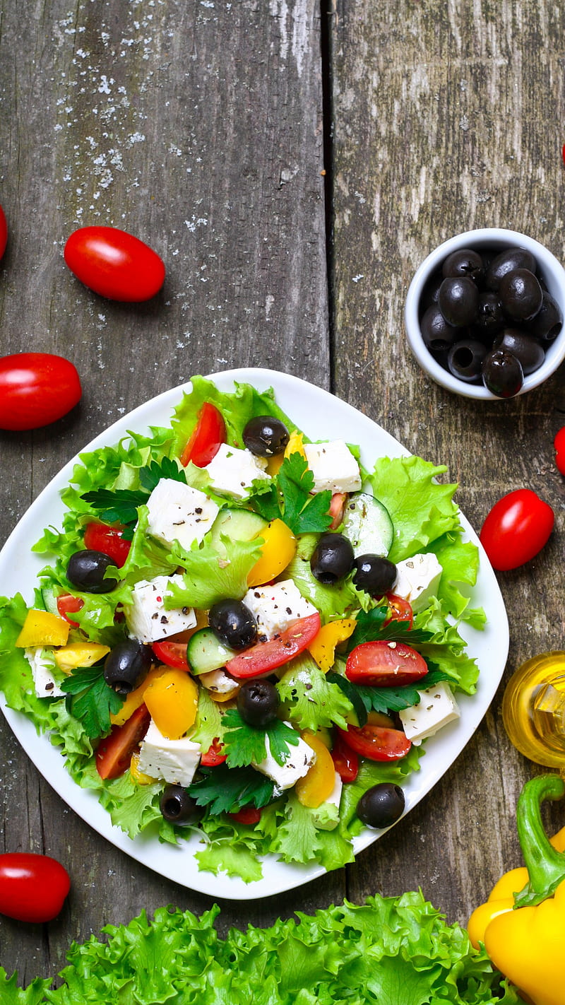 800x1422 Greek salad, food, healthy, cheese, spoon, tomato, olives, cucumber, diet, HD phone wallpaper