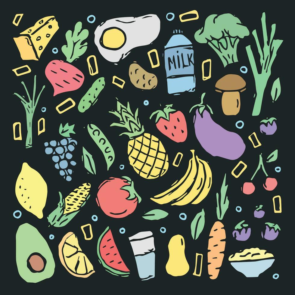 980x980 Healthy food icons. Drawn healthy food background