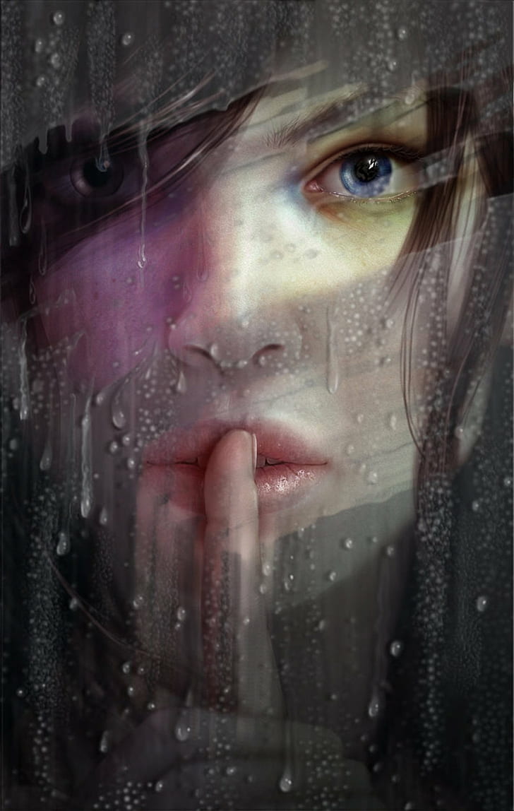 728x1148 HD wallpaper: art, blue, eyes, girl, rain, Shut, Up, water, window, one person