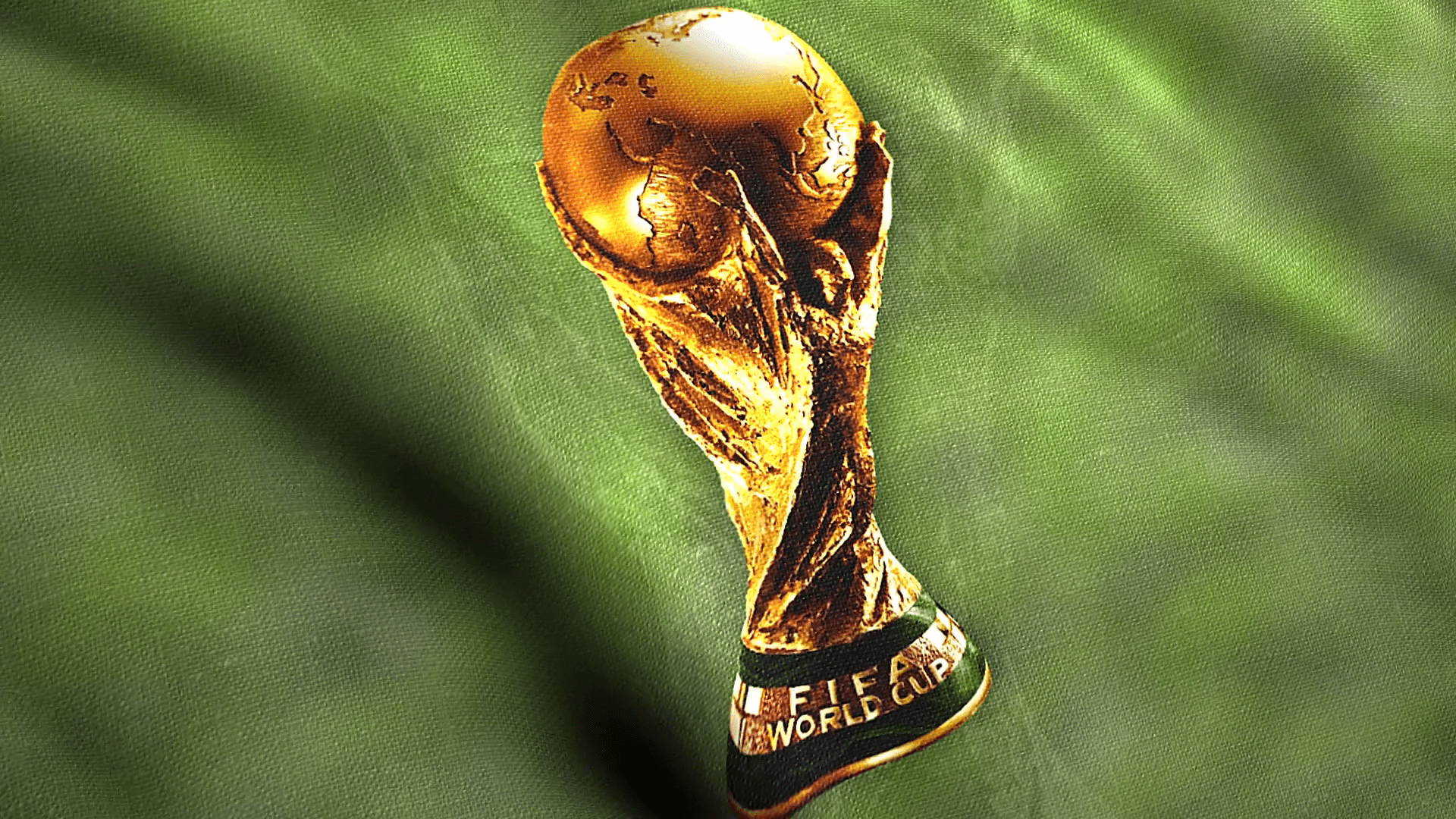 1920x1080 Abstract golden FIFA World Cup Trophy on a green fabric of a flag. Motion. Waving sport flag, seamless loop. For editorial use only