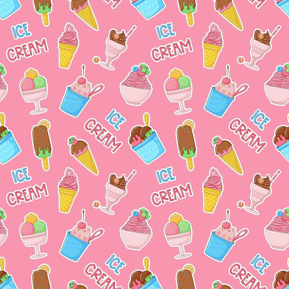 980x980 Summer seamless pattern with cartoon bright ice cream, popsicle, strawberry, chocolate. Wrapping paper, fabric, wallpaper design. Sweet summer food. Vector colorful illustrations on pink background
