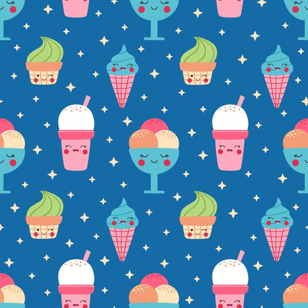 980x980 Cute summer pattern with cartoon ice cream on a blue background