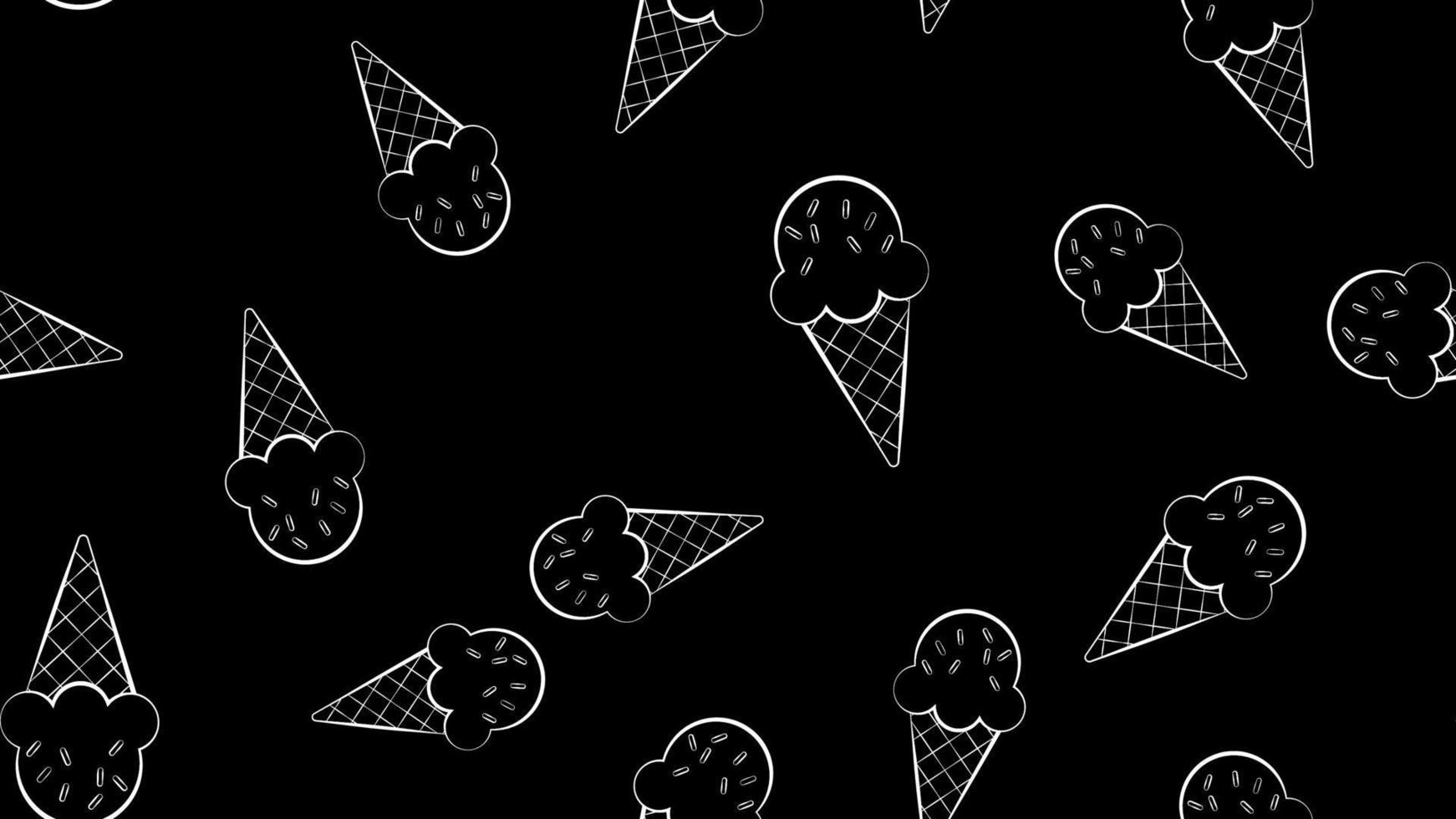 1742x980 ice cream with berry balls in a waffle glass on a black background, vector illustration, pattern. wallpaper in the style of drawing with crayons. decor for kitchen, restaurant and cafe 14062913 Vector