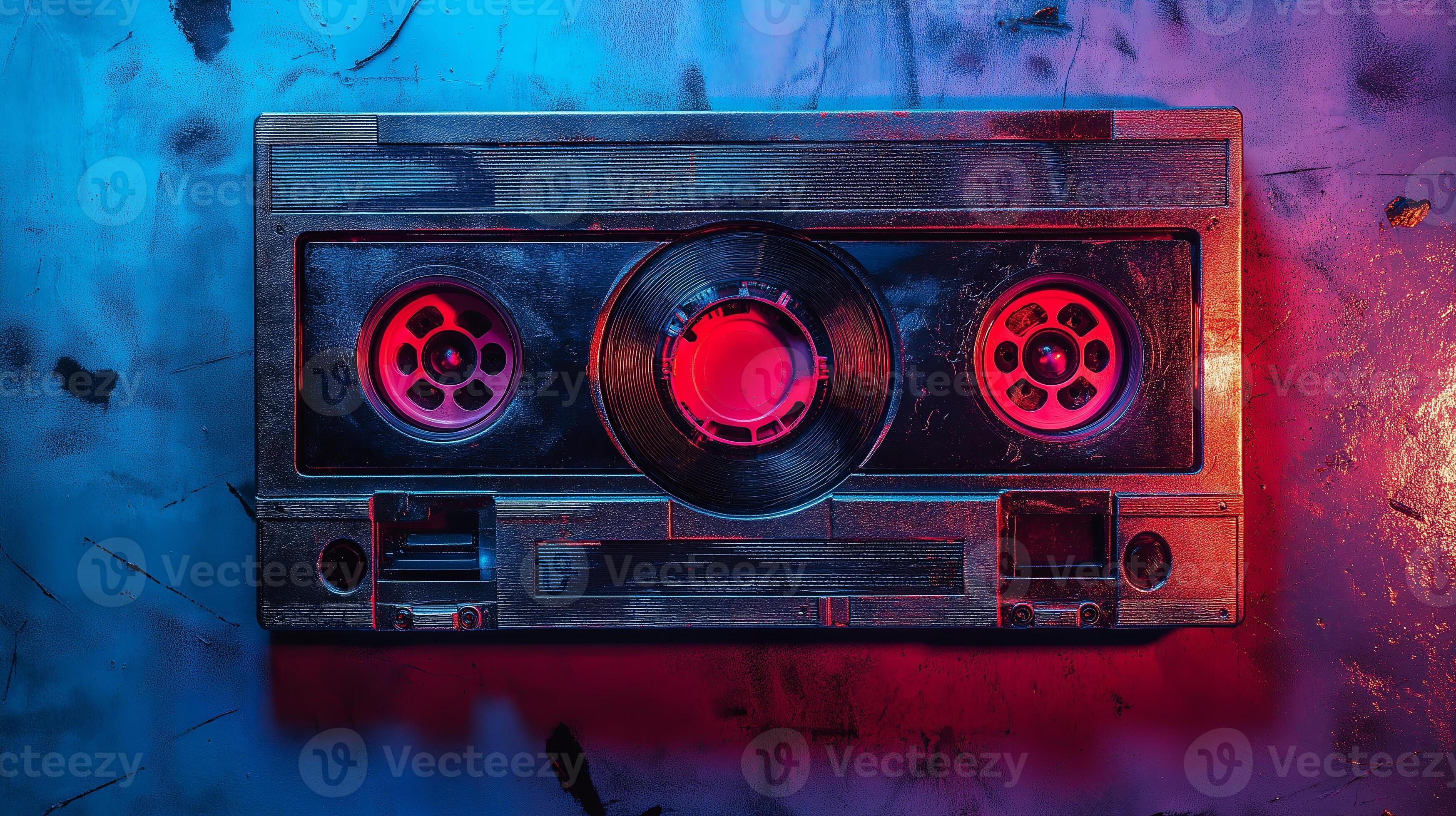 3497x1960 Old School Vintage Audio Cassette With Vibrant Neon Lights Glowing In The Background. Retro Music And Nostalgic Concept. High Quality Illustration
