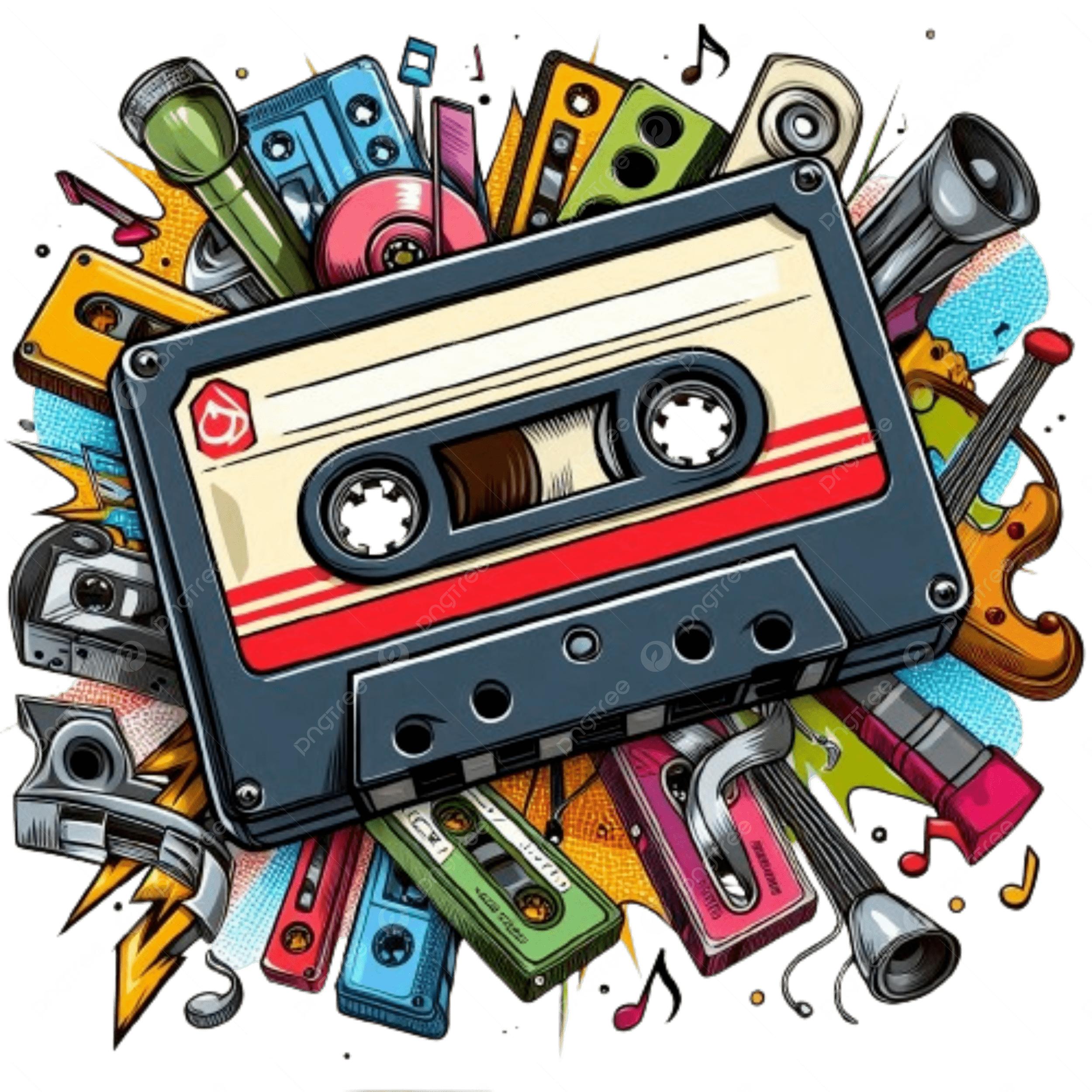 2500x2500 A Cassette Tape Surrounded By Musical Instruments On Clipart Transparent Background, A Cassette Tape Surrounded By