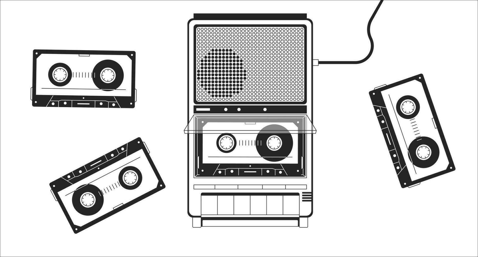 1820x980 Old fashioned player cassette tapes black and white lofi wallpaper. Portable device vintage 2D outline objects cartoon flat illustration. Retro record music 80s vector line lo fi aesthetic background 32996571 Vector Art