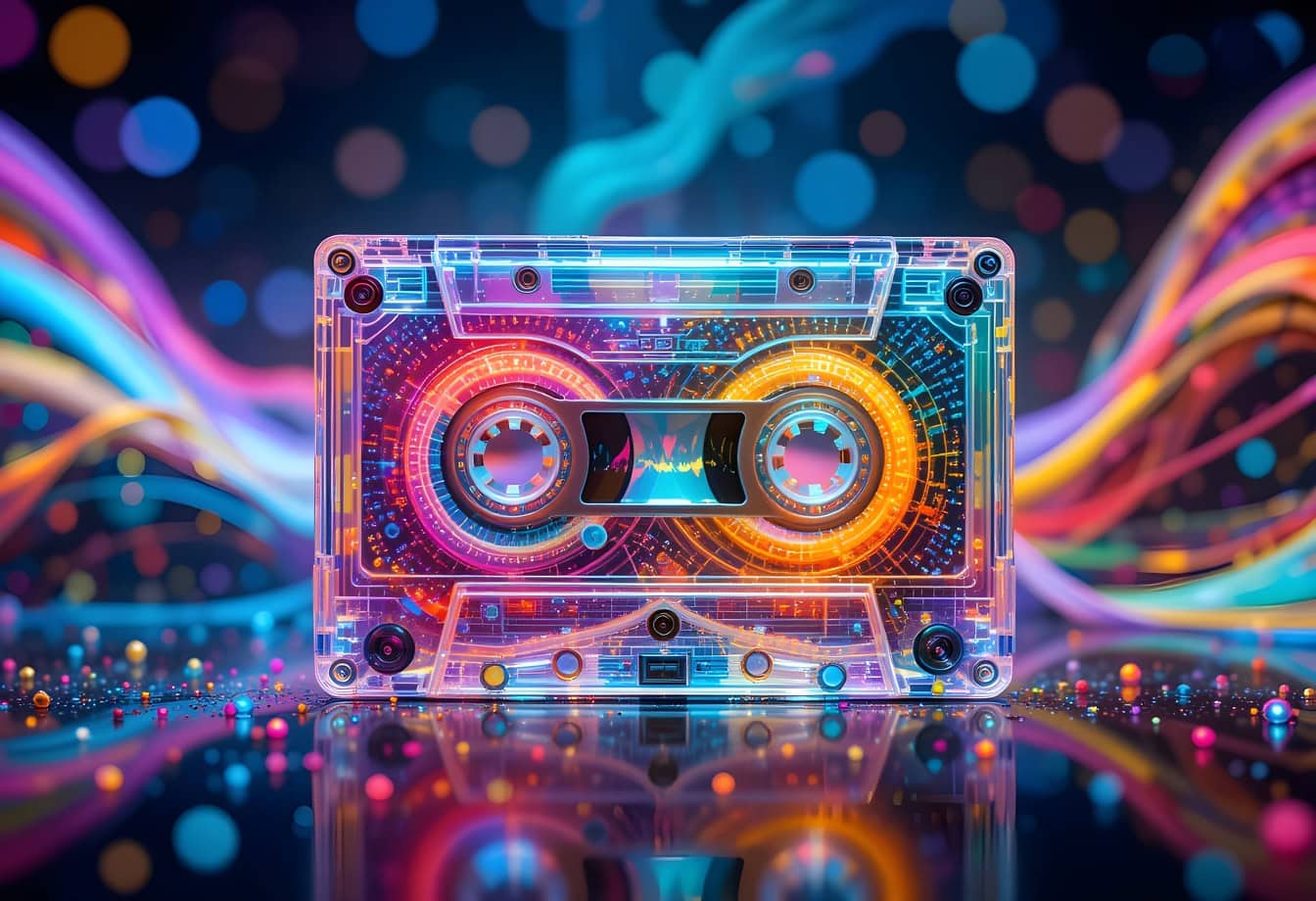 1344x920 Free picture: Music cassette tape, an abstract illustration about popular disco music from 1980's