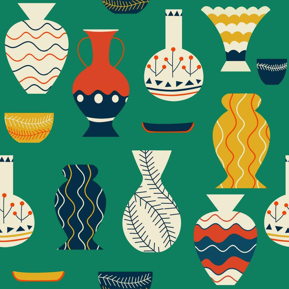 980x980 Seamless pattern with ancient vases. Ancient Greek pottery elements, vases, amphoras. Hipster trendy style background. Decor textile, wrapping paper wallpaper vector print