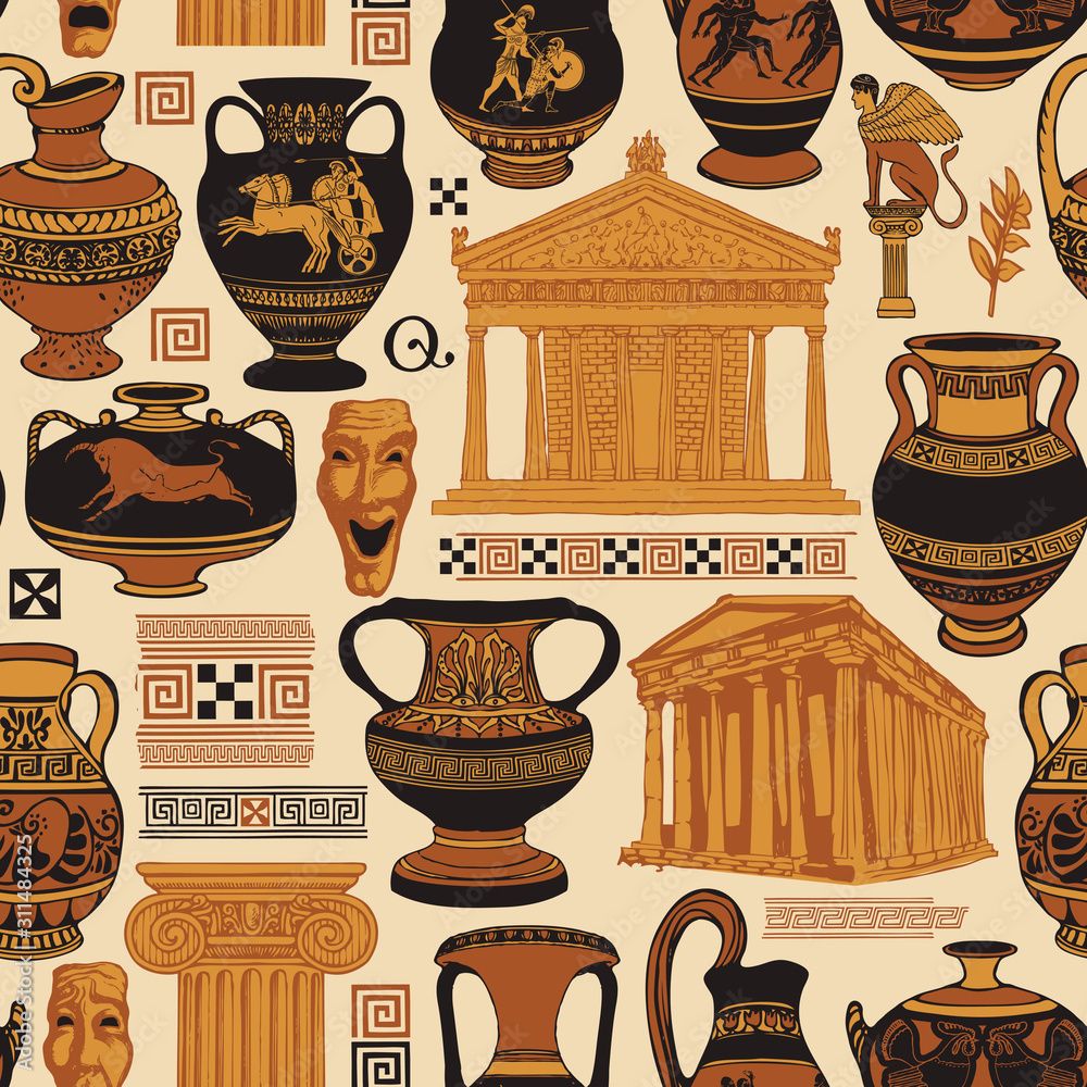 1000x1000 Vector Seamless Pattern On The Theme Of Ancient Greece With Hand Drawn Illustrations. Wallpaper, Wrapping Paper Or Fabric With Ancient Greek Amphorae, Culture And Architecture Symbols Stock Vector
