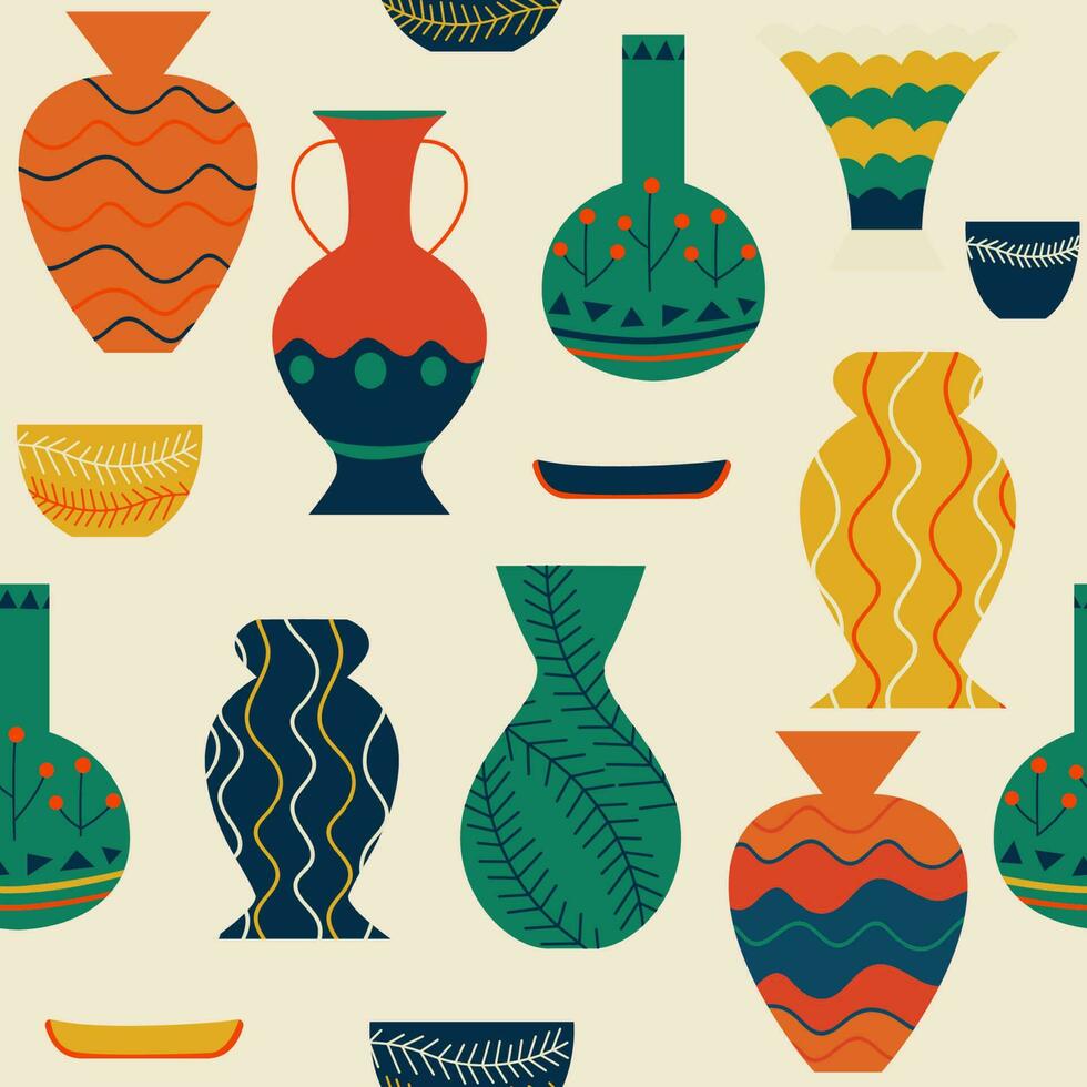 980x980 Seamless pattern with ancient vases. Ancient Greek pottery elements, vases, amphoras. Hipster trendy style background. Decor textile, wrapping paper wallpaper vector print