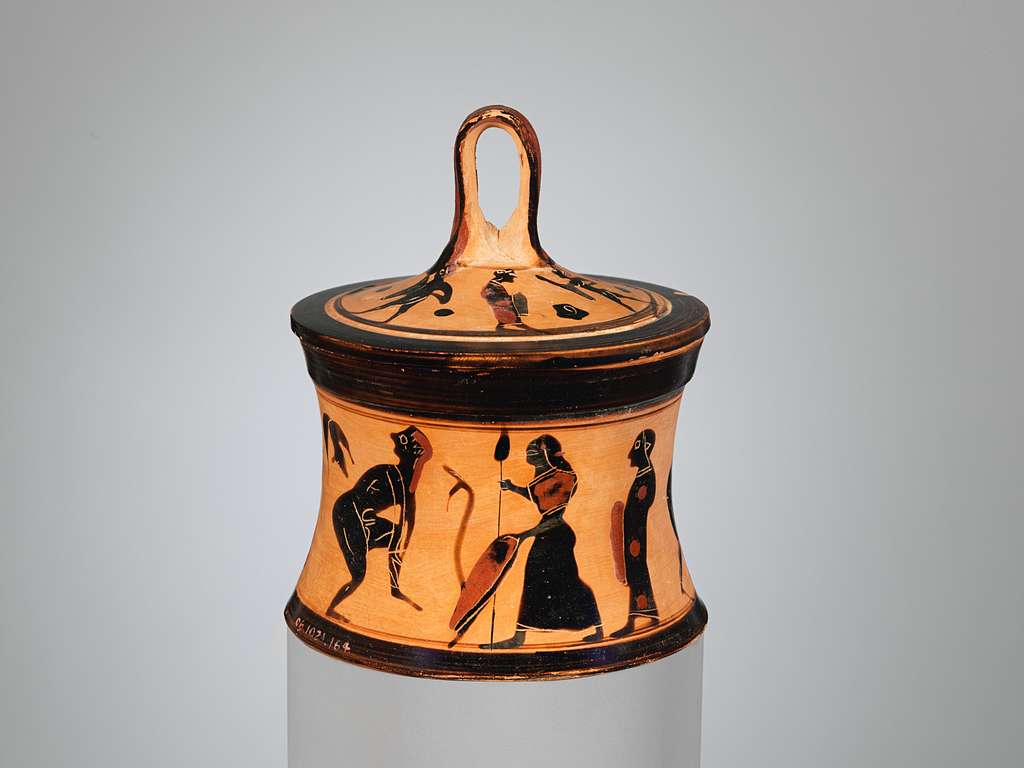 1024x768 Terracotta pyxis (box), Greece domain museum image. A black and white vase with people on it Domain Media Search Engine Public Domain Search