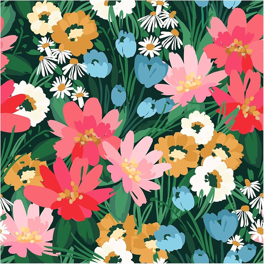 894x894 Vintage Floral Peel and Stick Wallpaper, Colorful Retro Removable Contact Paper for Countertop, Cabinet and Drawer Renter Friendly Wall Decor for Bathroom, Kitchen and Bedroom, 17.5” x 118”