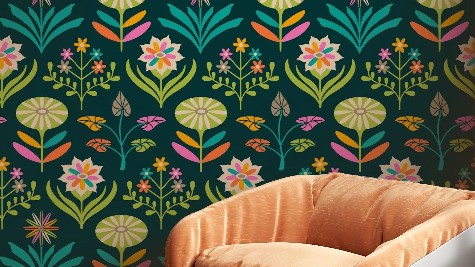 1560x877 Retro Rainbow Floral Wallpaper Century Modern Green