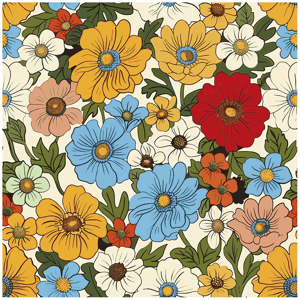 1000x1000 Red, Blue, and Yellow Retro Floral Wallpaper