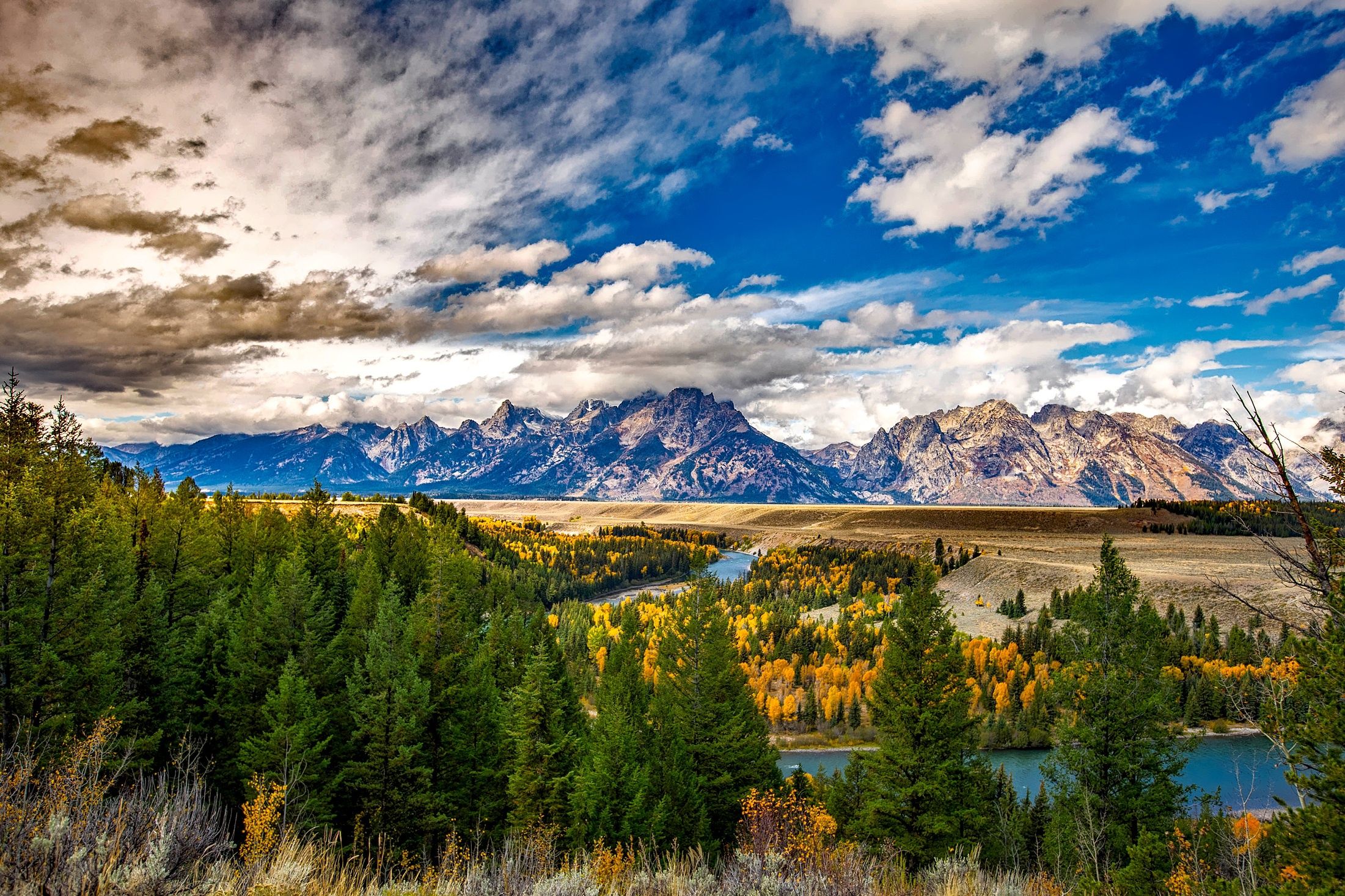 2201x1467 Phone wallpaper: Grand Teton National Park, Wyoming, Usa, Forest, Earth, Landscape, Cloud, Fall, Mountain, Nature, River, Tree 779515