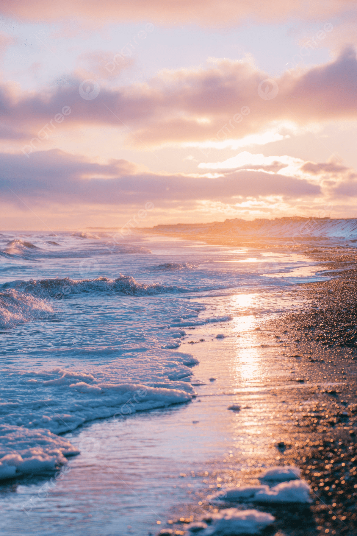 1200x1800 Sunset On Cold Winter Beach Background Wallpaper Image For Free Download