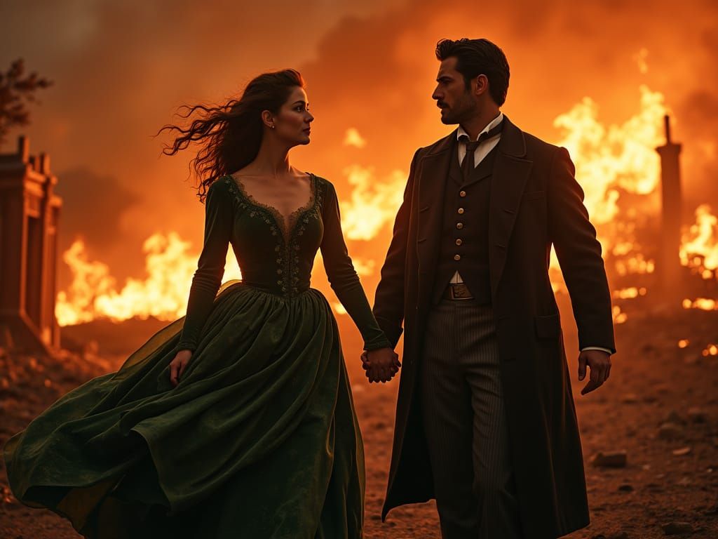 1024x768 Rhett Butler and Scarlett O'Hara in standing before the burning city of Atlanta during the American Civil War. Scarlett wears a histor