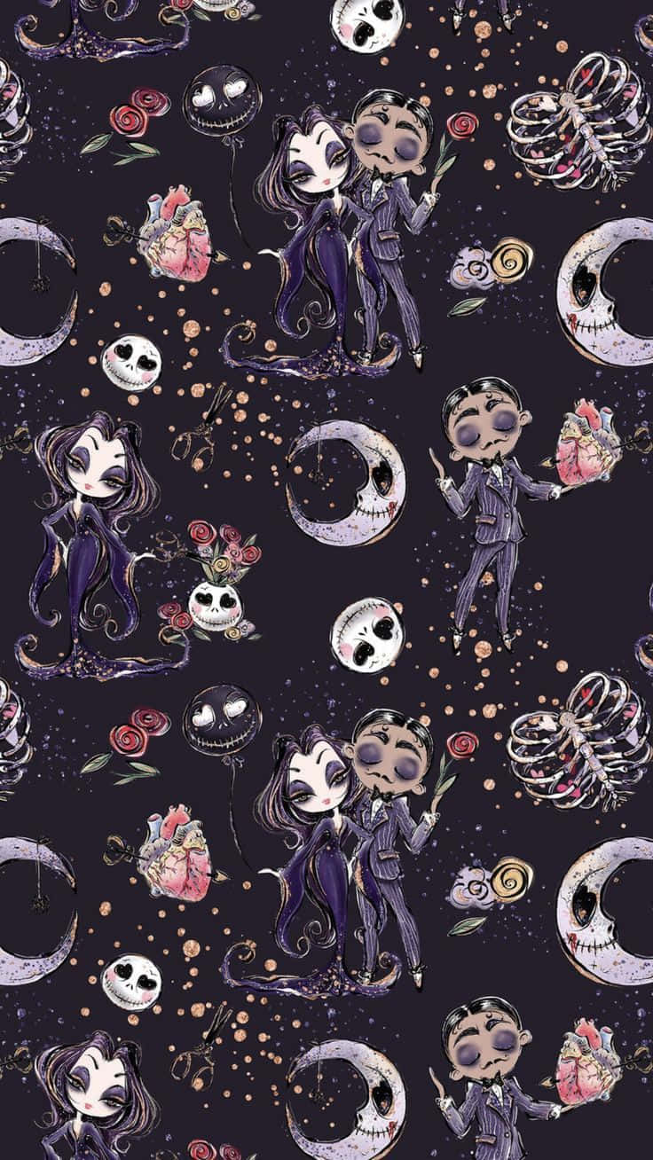 736x1308 Download Cute Witchy Morticia And Gomez Addams Wallpaper
