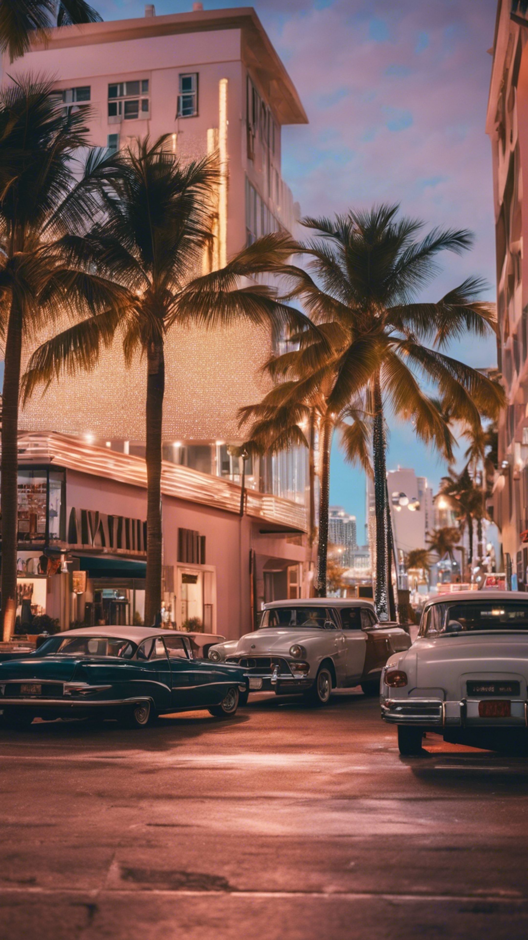 2160x3840 A bustling Miami Beach street scene, with art deco buildings and palm trees, vibrant nightlife atmosphere. Wallpaper [c899e7f744884bb387cd]