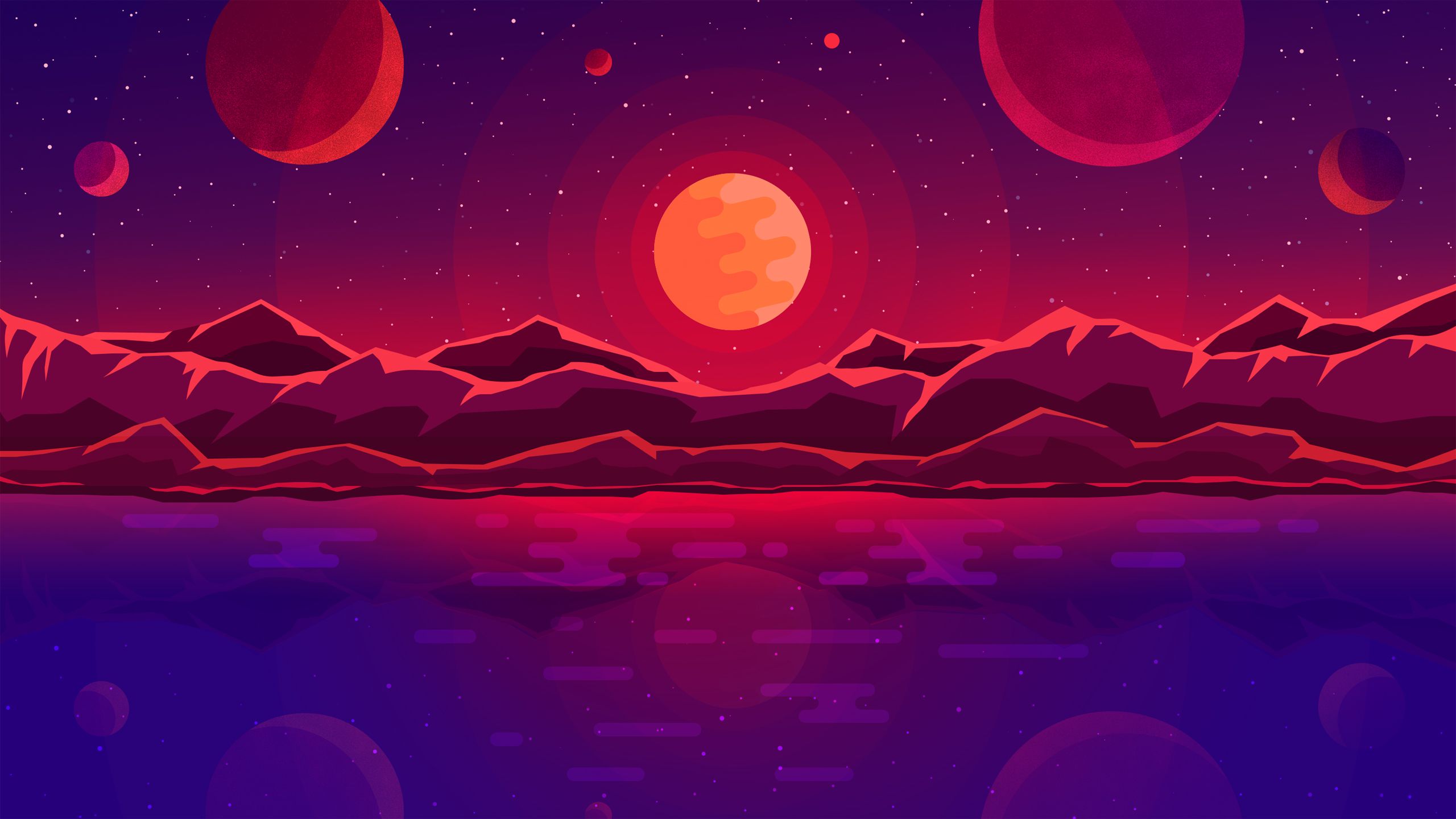 2560x1440 Lake Minimalist Mountain Sun HD Vaporwave Wallpaper