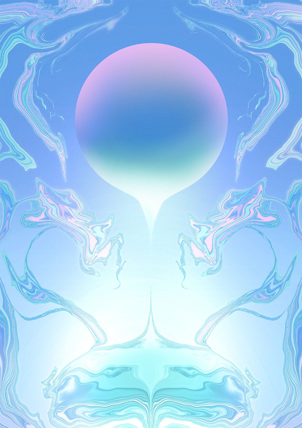 992x1403 Vaporwave Abstract Water Art Print. Synthwave Pastel Poster Wall Decor. Contemporary Sphere Minimalist 3D Art