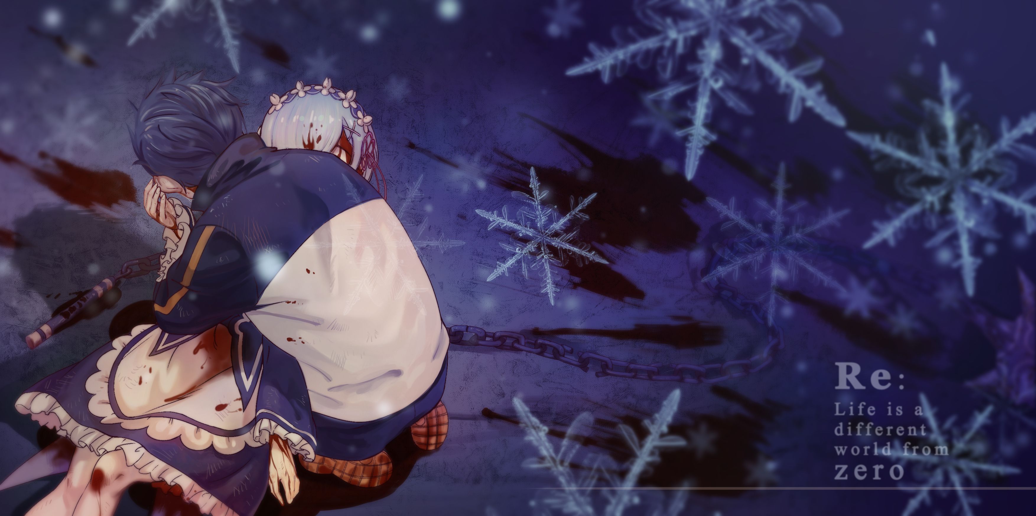 3507x1749 Wallpaper snowflakes, blood, anime, art, drama, Subaru, Re: Zero kara hajime chip isek or Seikatsu, REM for mobile and desktop, section прочее, resolution 3507x1749