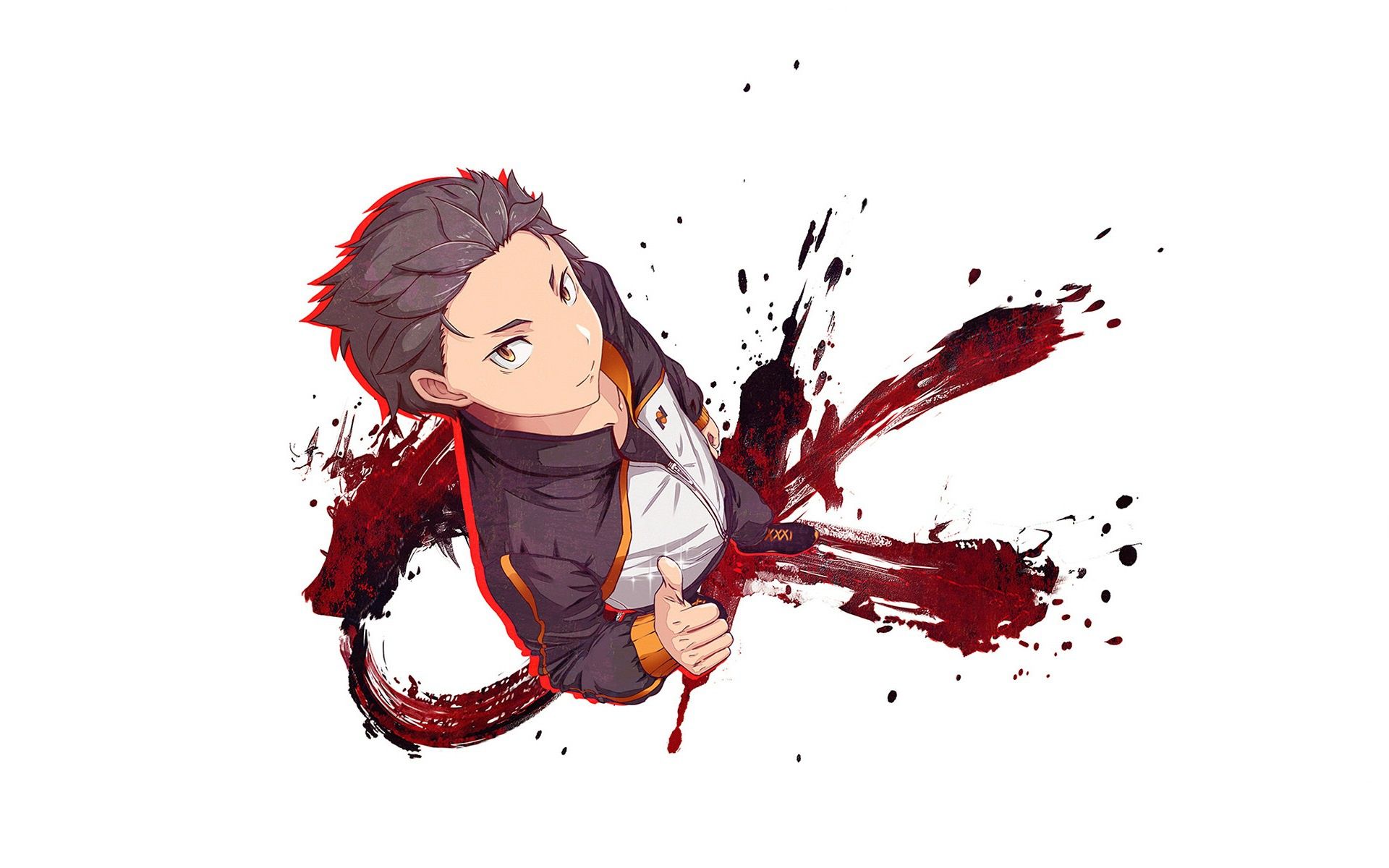 1920x1200 Wallpaper blood, spot, guy, looking up, tracksuit, re zero kara hajime chip isek or seikatsu, natsuki subaru, Life from scratch in an alternate world for mobile and desktop, section сёнэн, resolution 1920x1200