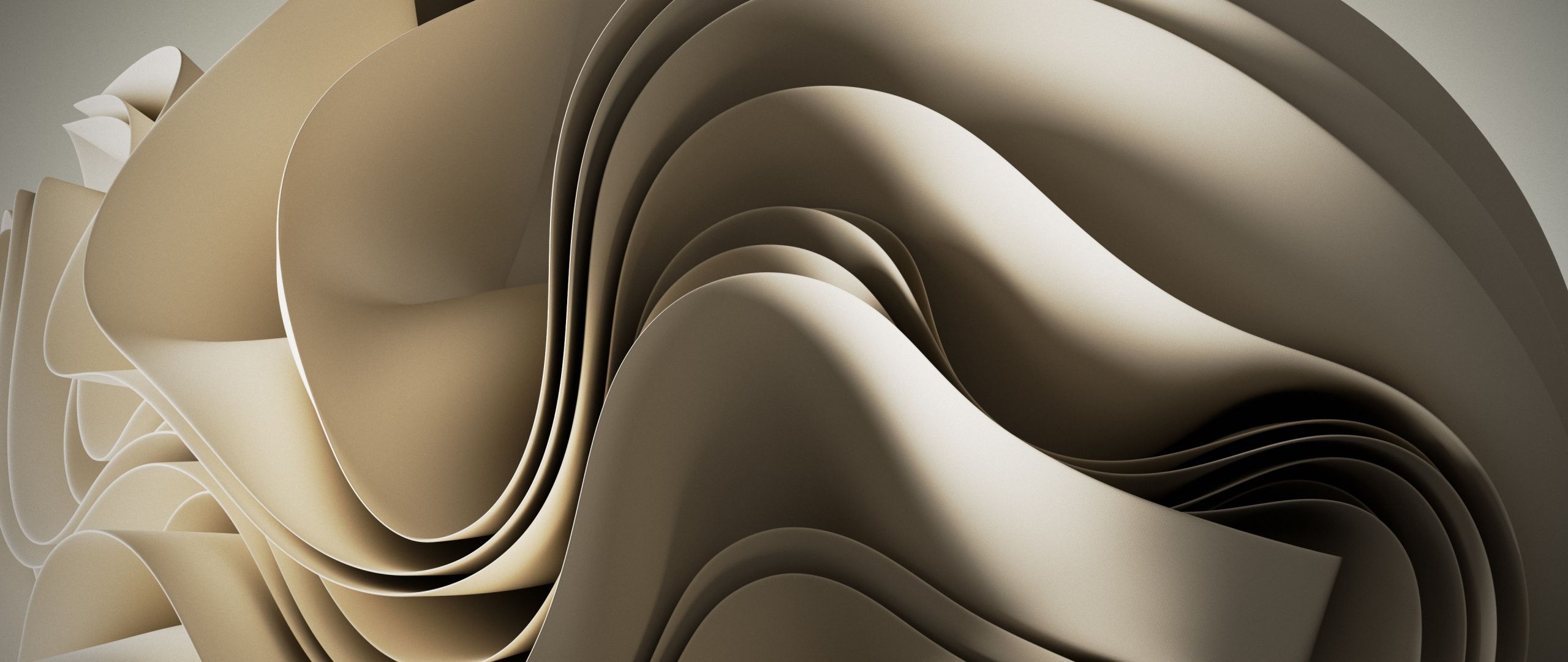 2560x1080 Windows 11 Wallpaper 4K, Abstract Waves, Beige, 3D Render