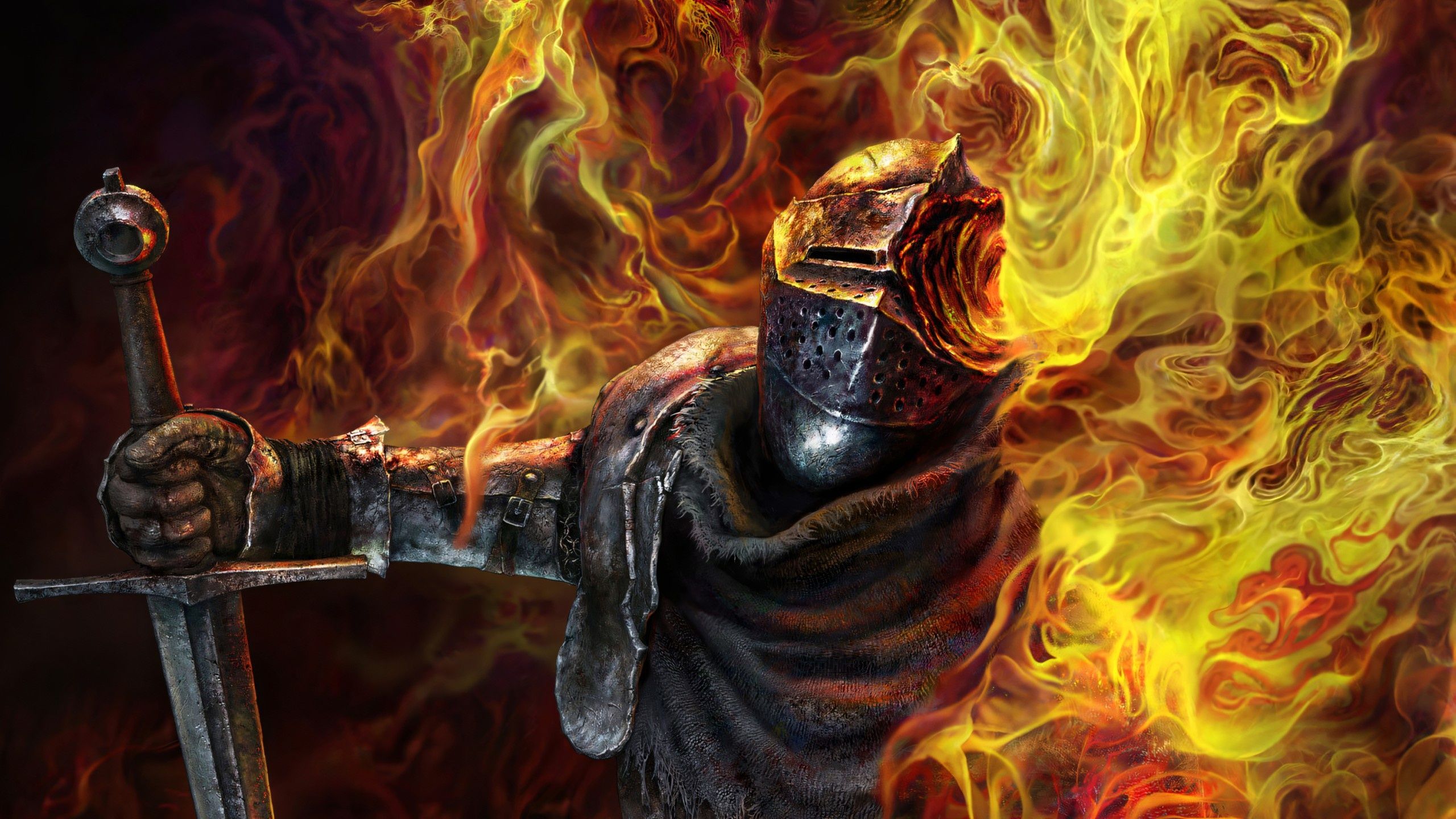 2560x1440 Wallpaper lights, flame, sword, armor, knight, Elden Ring for mobile and desktop, section игры, resolution 2560x1440