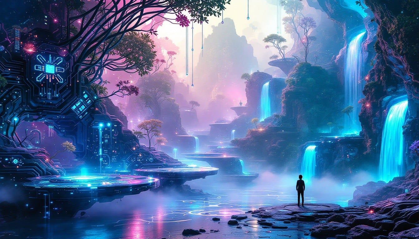1344x768 Free Cyber Nature Fusion Image, Bioluminescent, Futuristic