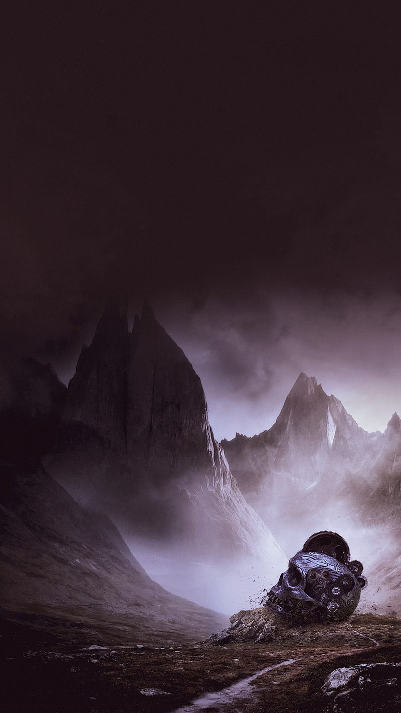 800x1422 Rise, SKB, cyber, cyberpunk, mechanic, mechanical, mist, mountain, rule, skull, HD phone wallpaper