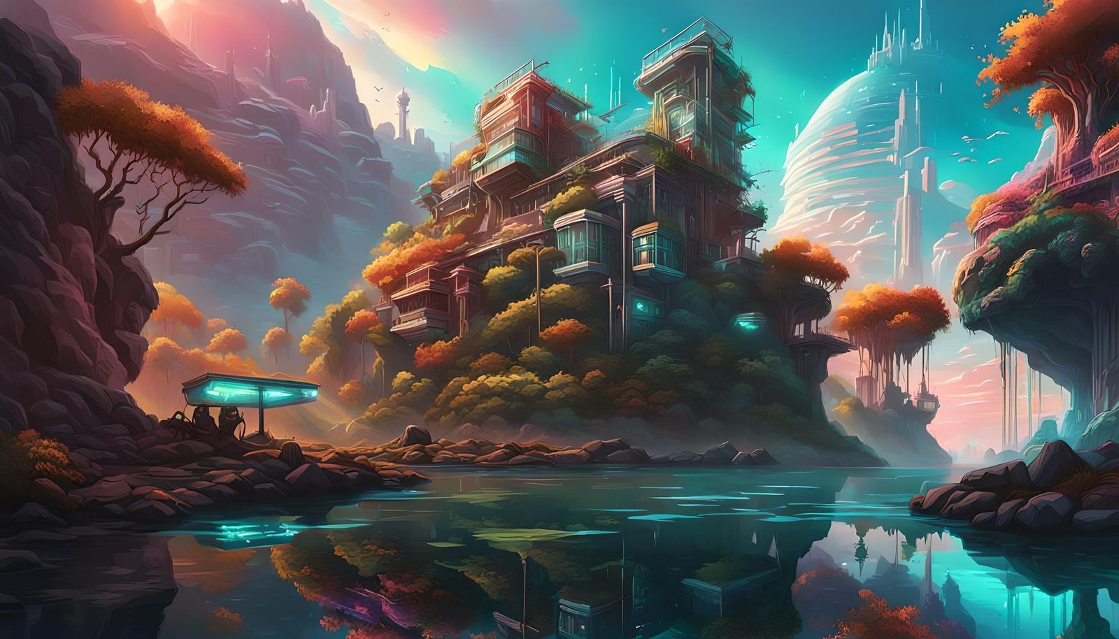 1600x914 Ethereal creations featuring landscape in a nature cyber punk world, showcasing the intricate details and light reflections