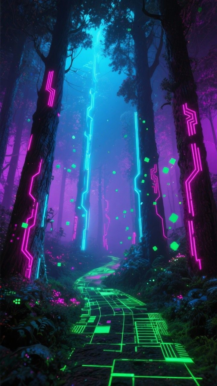 720x1280 Free Neon Forest Path Image, Synthwave, Forest