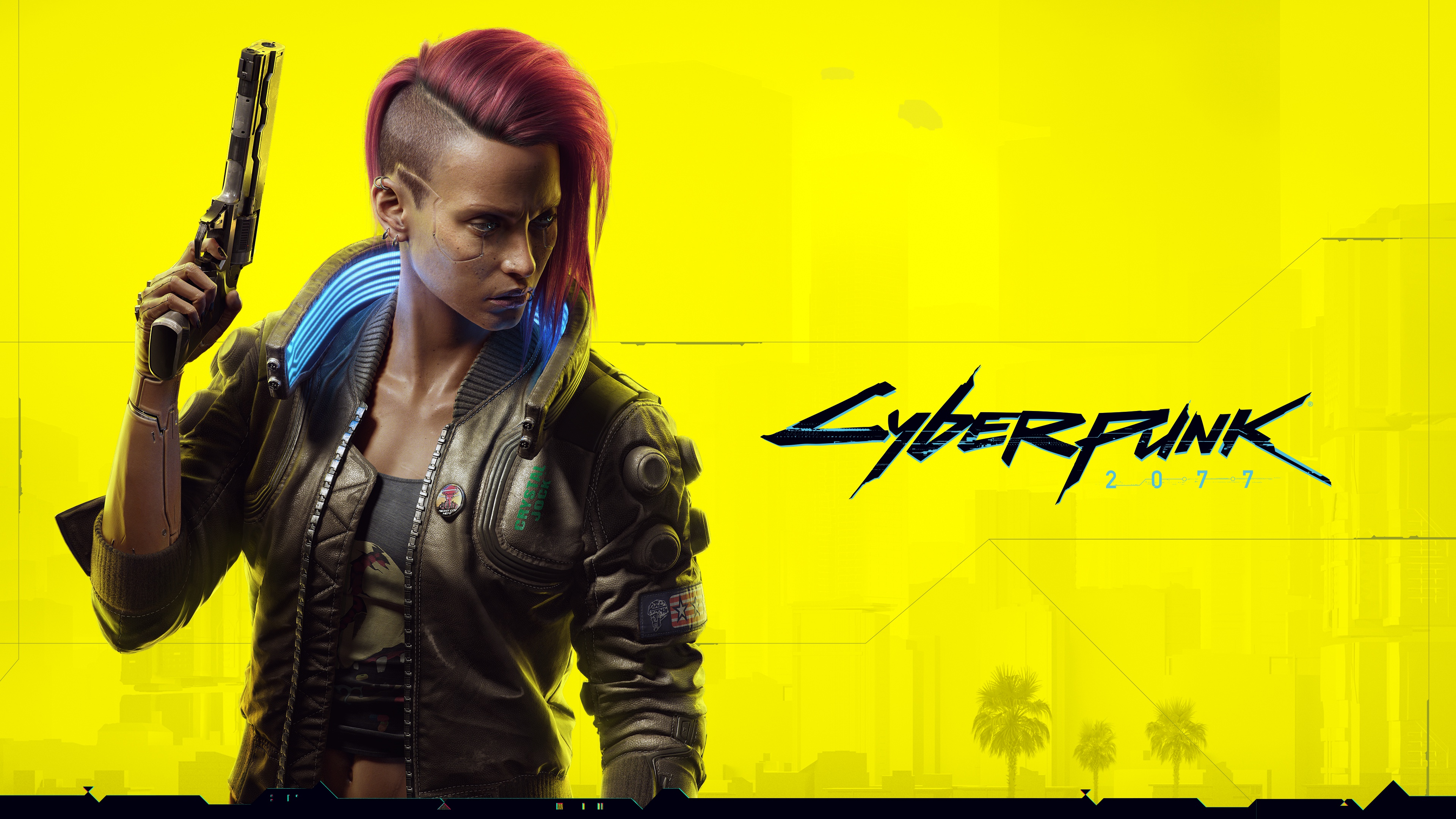3840x2160 Wallpaper gun, yellow, female, Cyberpunk jacket, Cyberpunk, Character for mobile and desktop, section игры, resolution 3840x2160
