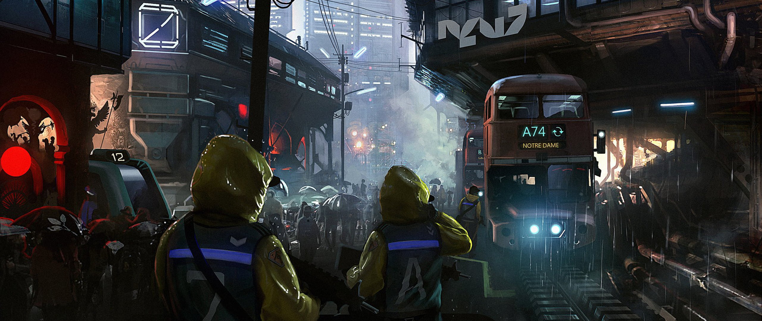 2560x1080 Two Yellow Raincoats Wallpaper, Ultra Wide, Cyberpunk HD Wallpaper
