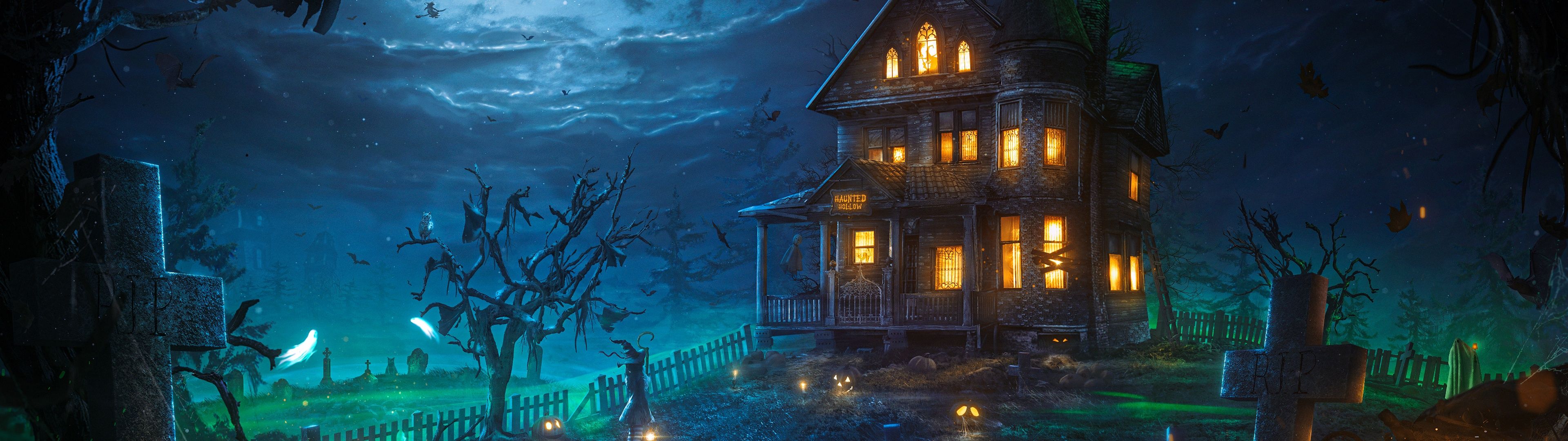 3840x1080 Haunted Wallpaper 4K, Halloween house, Mansion