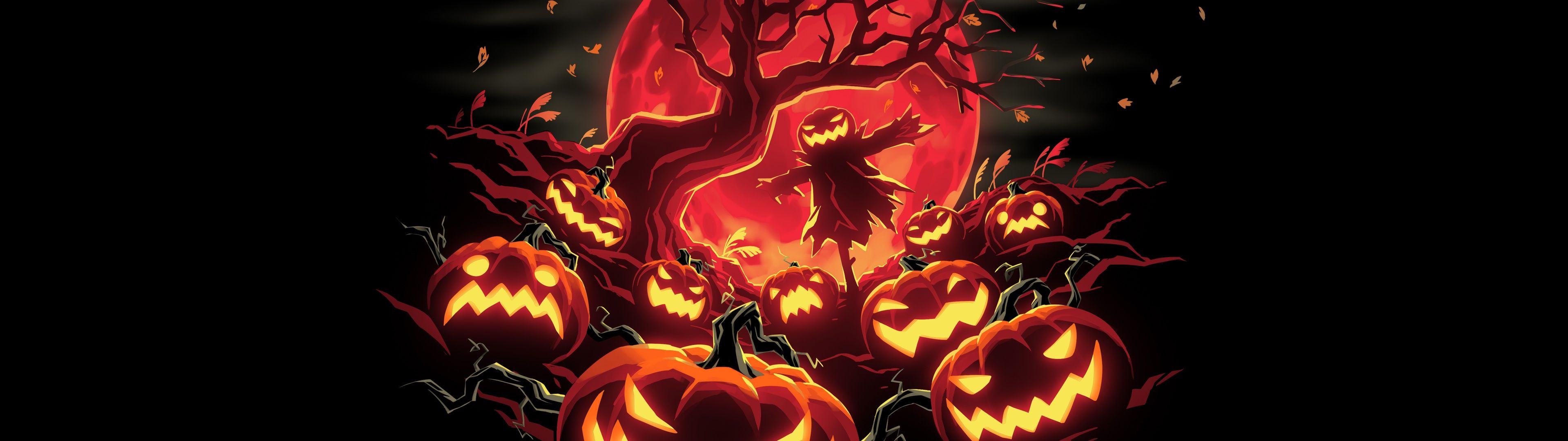 3840x1080 Halloween pumpkins Wallpaper 4K, Haunted, Scarecrow, 5K